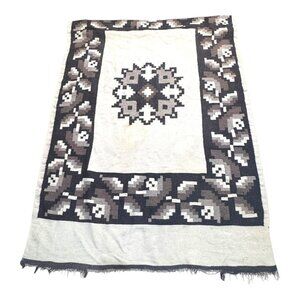 Vintage Handwoven Wool Throw Blanket Alpaca Geometric Floral Tribal Design READ